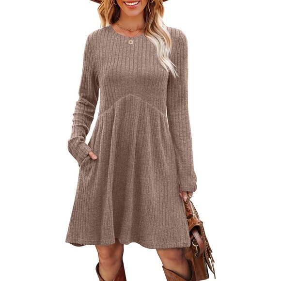 Ofeefan Women Khaki Crew Neck Long Sleeve Empire Waist Dress with Pockets - Picture 3 of 5
